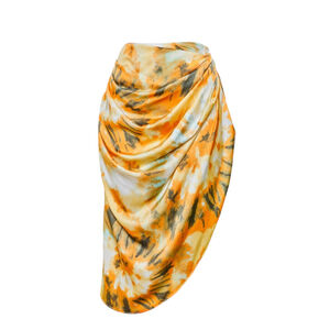 PrettyLittleThing Tie Dye Ruched Midi Skirt Size 8 Orange Flowy Satiny